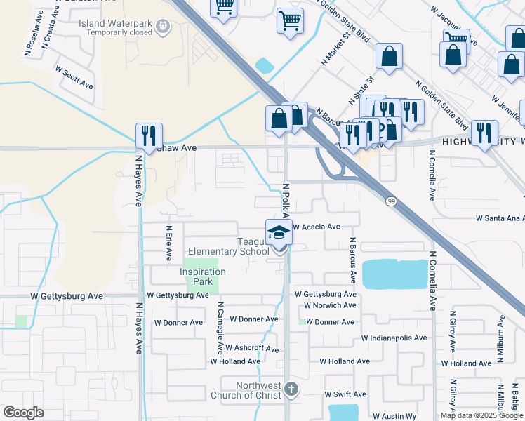 map of restaurants, bars, coffee shops, grocery stores, and more near 4781 North Polk Avenue in Fresno