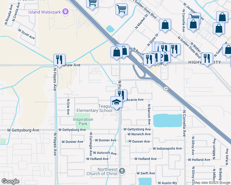 map of restaurants, bars, coffee shops, grocery stores, and more near 4781 North Polk Avenue in Fresno