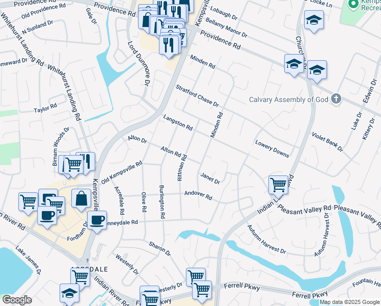 map of restaurants, bars, coffee shops, grocery stores, and more near 1072 Rittman Road in Virginia Beach