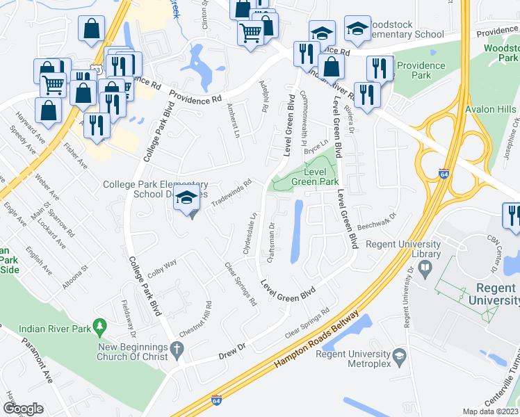 map of restaurants, bars, coffee shops, grocery stores, and more near 1101 Clydesdale Lane in Virginia Beach