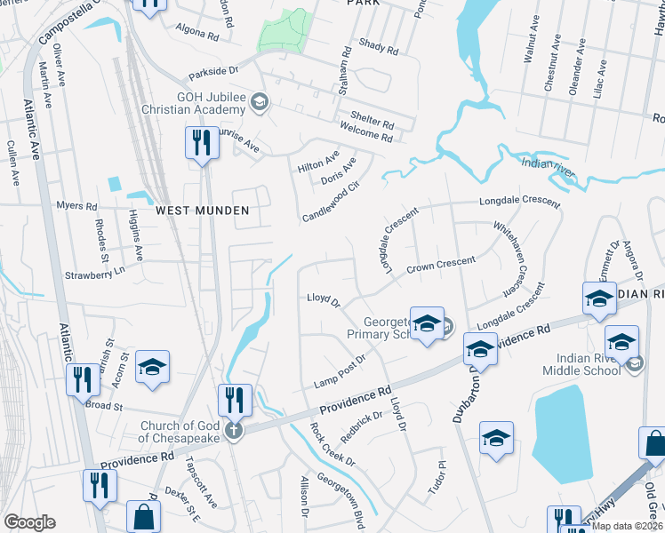 map of restaurants, bars, coffee shops, grocery stores, and more near 2540 Rock Creek Drive in Chesapeake