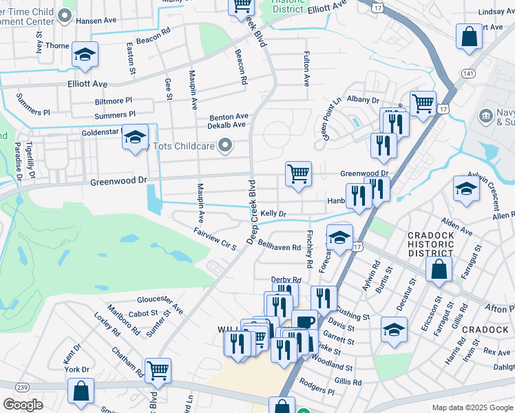 map of restaurants, bars, coffee shops, grocery stores, and more near 4101 Deep Creek Boulevard in Portsmouth