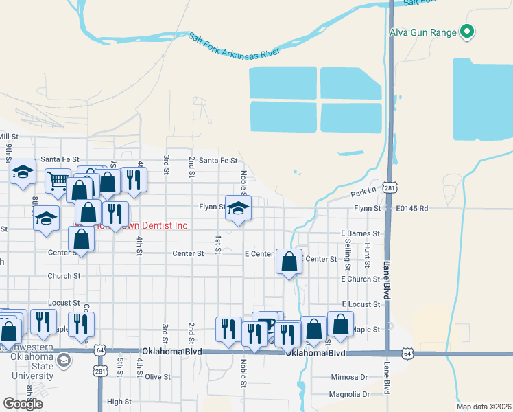 map of restaurants, bars, coffee shops, grocery stores, and more near 314 Noble Street in Alva