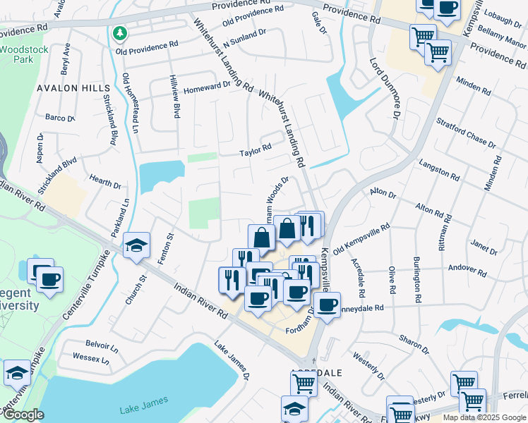 map of restaurants, bars, coffee shops, grocery stores, and more near 1121 Birnam Woods Drive in Virginia Beach