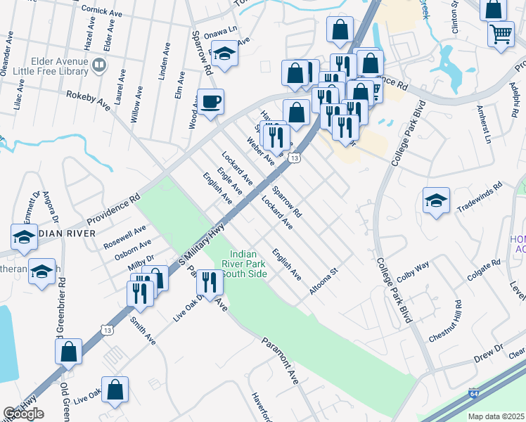 map of restaurants, bars, coffee shops, grocery stores, and more near 1920 Engle Avenue in Chesapeake