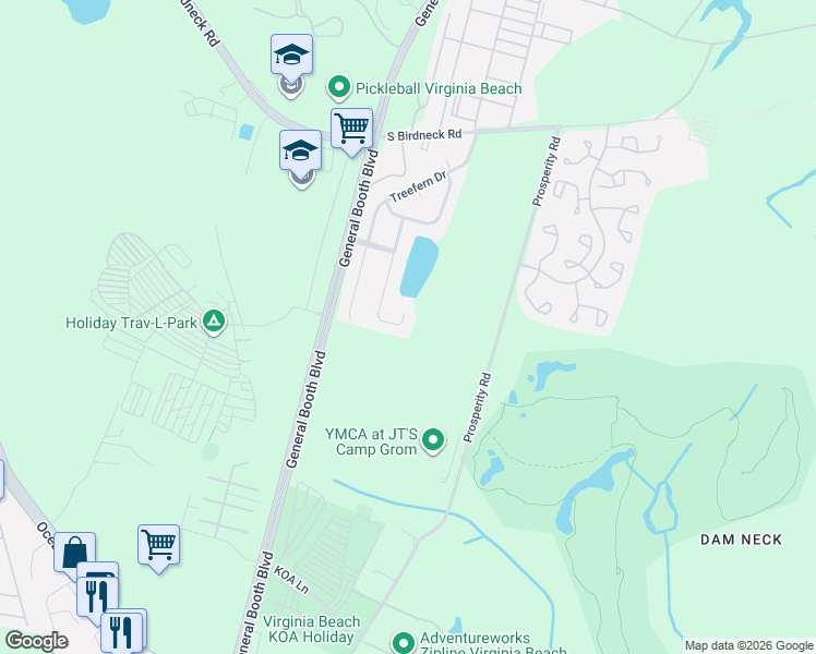 map of restaurants, bars, coffee shops, grocery stores, and more near 1237 Birdneck Lake Drive in Virginia Beach