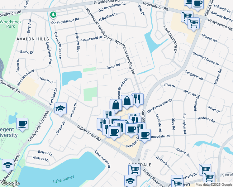 map of restaurants, bars, coffee shops, grocery stores, and more near 1121 Birnam Woods Drive in Virginia Beach