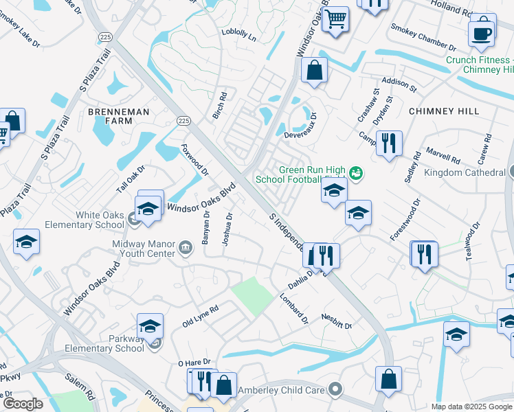 map of restaurants, bars, coffee shops, grocery stores, and more near 900 Foxwood Court in Virginia Beach