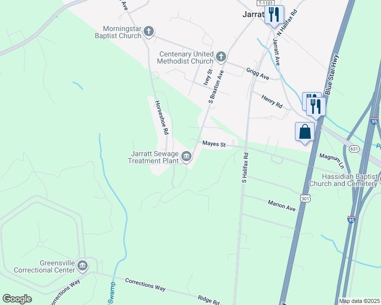 map of restaurants, bars, coffee shops, grocery stores, and more near 814 Horseshoe Road in Jarratt