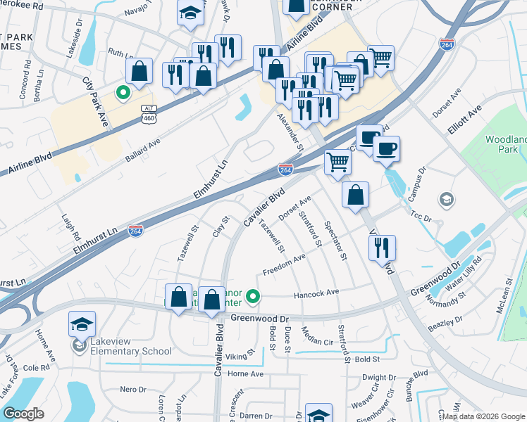 map of restaurants, bars, coffee shops, grocery stores, and more near 810 Cavalier Boulevard in Portsmouth