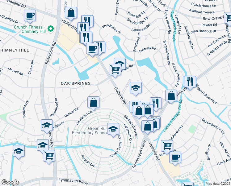 map of restaurants, bars, coffee shops, grocery stores, and more near 1001 Tivoli Crescent in Virginia Beach