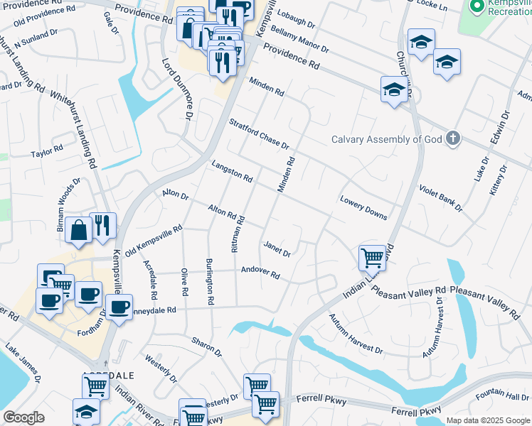 map of restaurants, bars, coffee shops, grocery stores, and more near 1069 Minden Road in Virginia Beach
