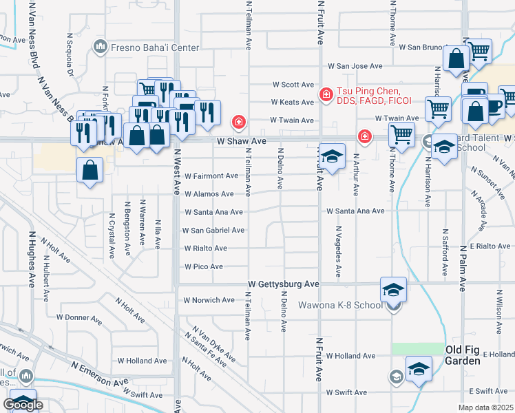 map of restaurants, bars, coffee shops, grocery stores, and more near 839 West Alamos Avenue in Fresno