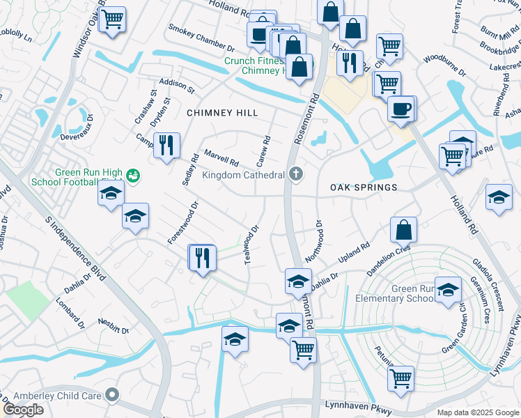 map of restaurants, bars, coffee shops, grocery stores, and more near 3533 Campion Avenue in Virginia Beach