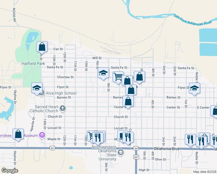 map of restaurants, bars, coffee shops, grocery stores, and more near 398 8th Street in Alva