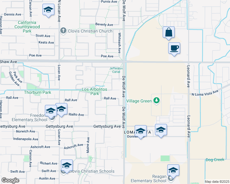 map of restaurants, bars, coffee shops, grocery stores, and more near 3370 Alamos Avenue in Clovis