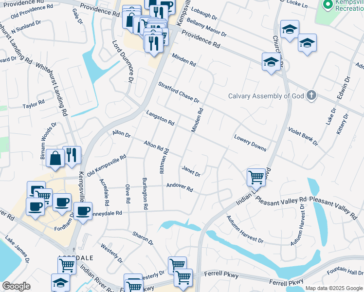 map of restaurants, bars, coffee shops, grocery stores, and more near 1069 Minden Road in Virginia Beach
