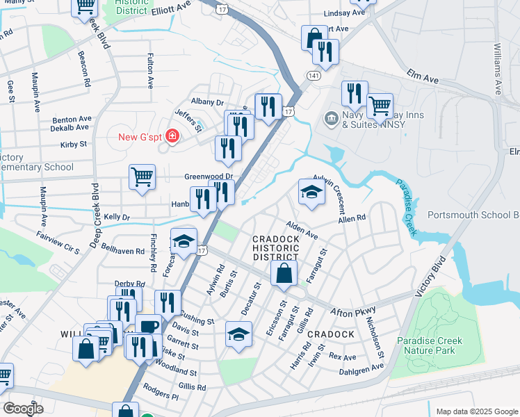 map of restaurants, bars, coffee shops, grocery stores, and more near 21 Aylwin Road in Portsmouth