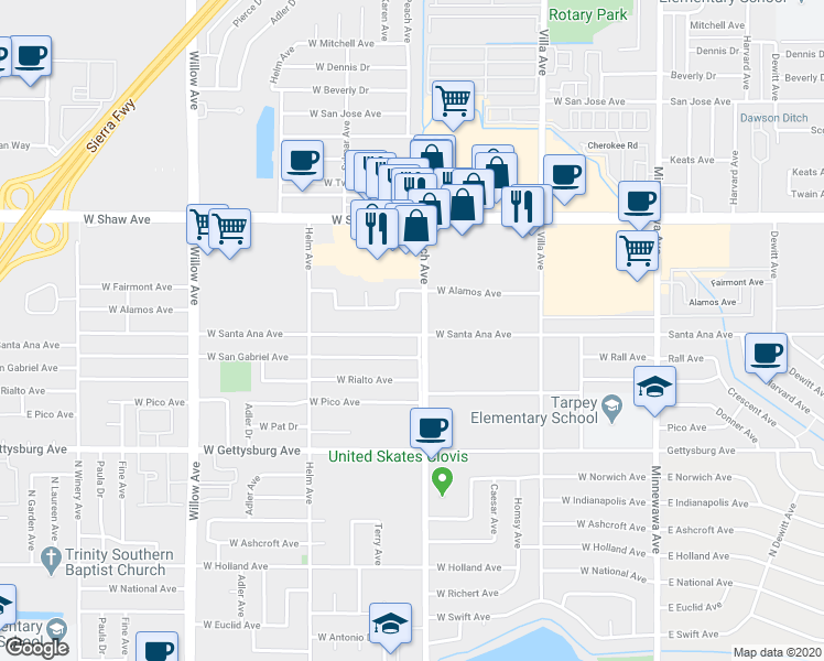 map of restaurants, bars, coffee shops, grocery stores, and more near 361 West Santa Ana Avenue in Clovis