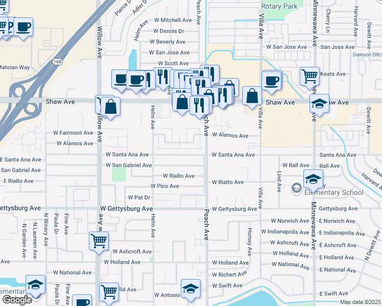 map of restaurants, bars, coffee shops, grocery stores, and more near 460 West Alamos Avenue in Clovis