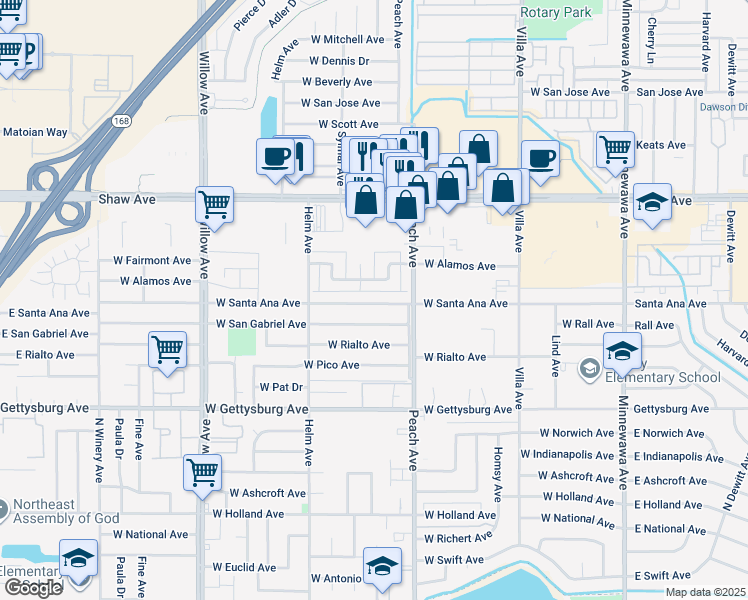 map of restaurants, bars, coffee shops, grocery stores, and more near 460 West Alamos Avenue in Clovis
