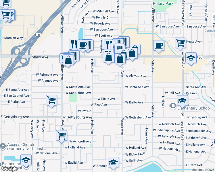 map of restaurants, bars, coffee shops, grocery stores, and more near 520 West Alamos Avenue in Clovis