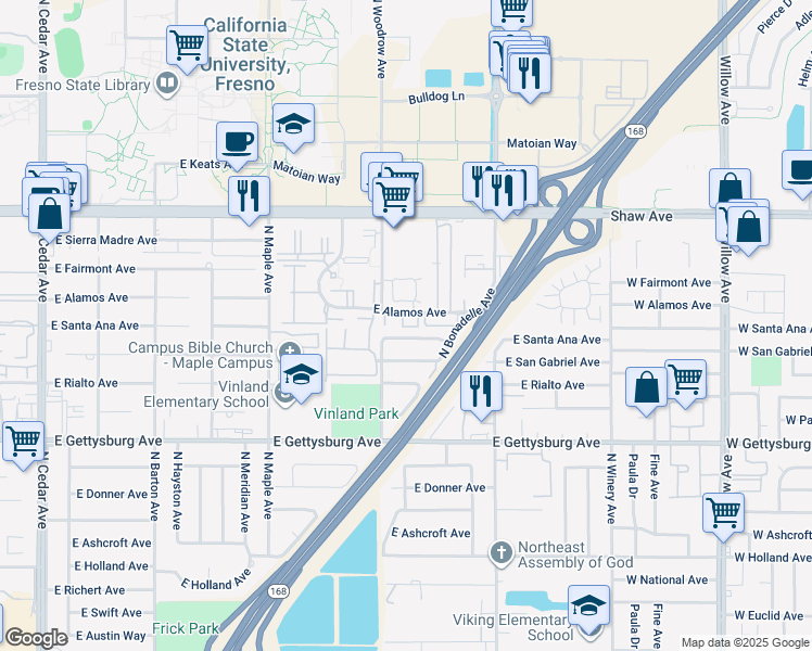 map of restaurants, bars, coffee shops, grocery stores, and more near 4727 East Alamos Avenue in Fresno