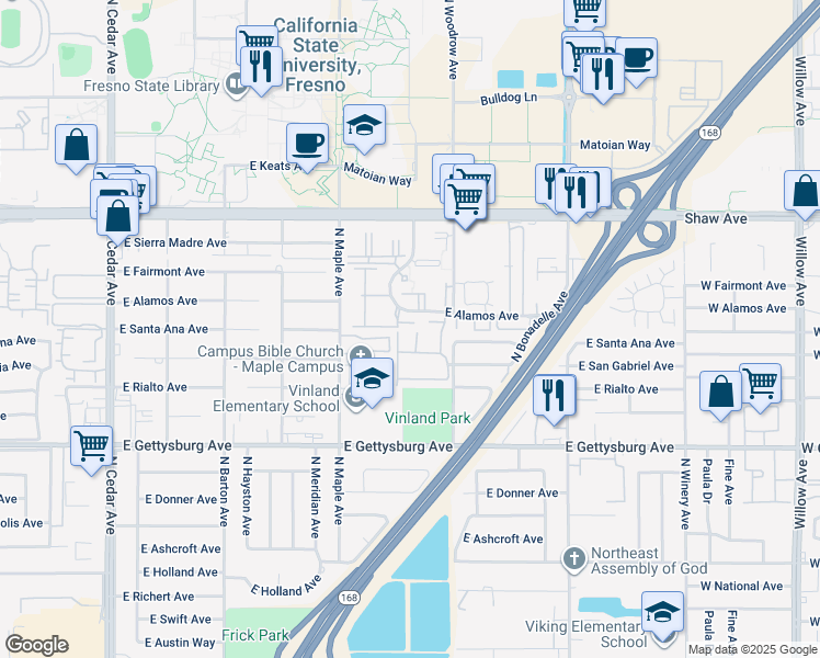 map of restaurants, bars, coffee shops, grocery stores, and more near 4676 East Alamos Avenue in Fresno