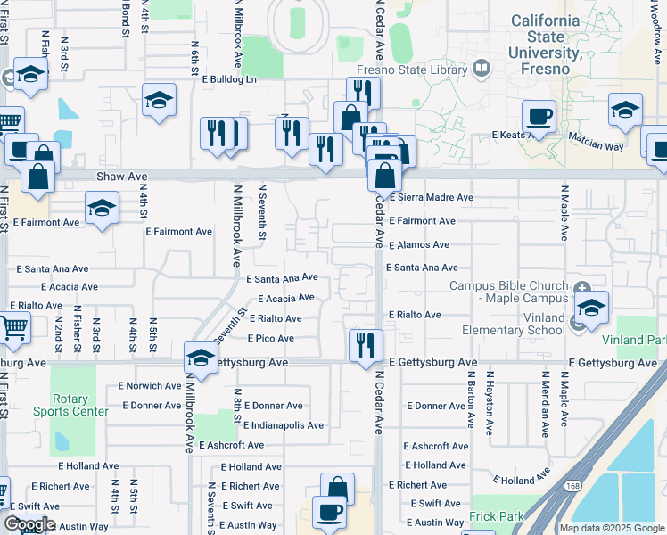map of restaurants, bars, coffee shops, grocery stores, and more near 4835 North Cedar Avenue in Fresno