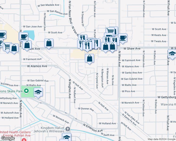 map of restaurants, bars, coffee shops, grocery stores, and more near 4906 North Sequoia Drive in Fresno