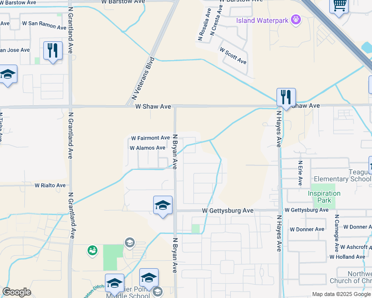 map of restaurants, bars, coffee shops, grocery stores, and more near 4826 North Shiraz Avenue in Fresno