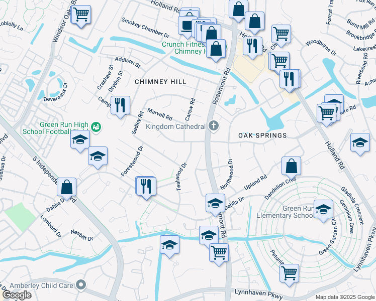 map of restaurants, bars, coffee shops, grocery stores, and more near 3533 Campion Avenue in Virginia Beach