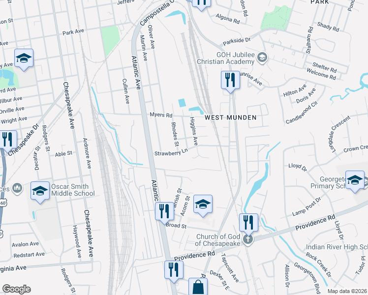 map of restaurants, bars, coffee shops, grocery stores, and more near 1637 Cardigan Street in Chesapeake