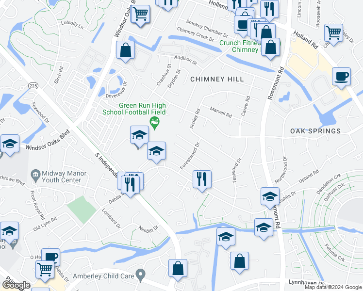 map of restaurants, bars, coffee shops, grocery stores, and more near 3872 Danville Court in Virginia Beach