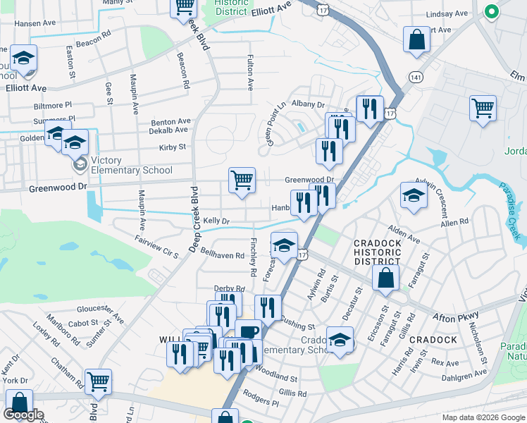 map of restaurants, bars, coffee shops, grocery stores, and more near 4014 Raven Street in Portsmouth