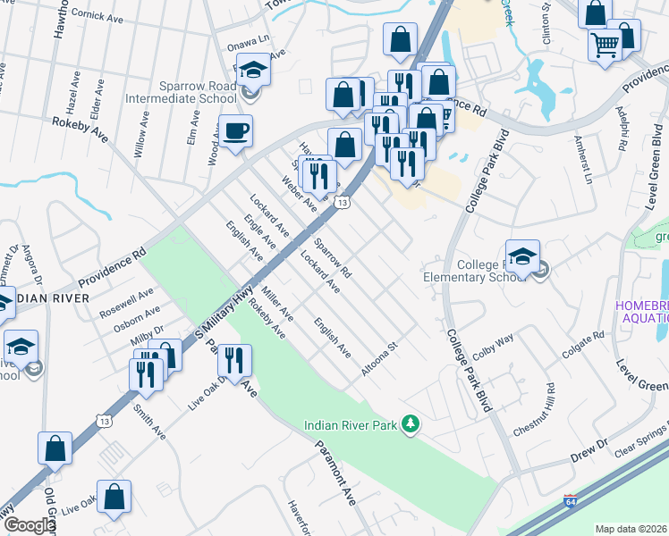 map of restaurants, bars, coffee shops, grocery stores, and more near 1920 Sparrow Road in Chesapeake