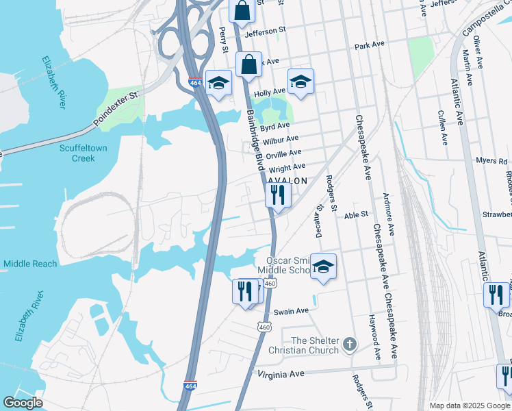 map of restaurants, bars, coffee shops, grocery stores, and more near 2101 Mc Lain Street in Chesapeake