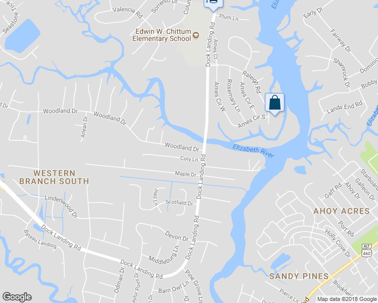 map of restaurants, bars, coffee shops, grocery stores, and more near 4009 Woodland Drive in Chesapeake