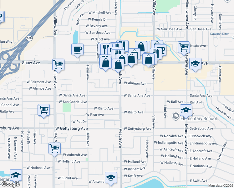 map of restaurants, bars, coffee shops, grocery stores, and more near 361 West Santa Ana Avenue in Clovis