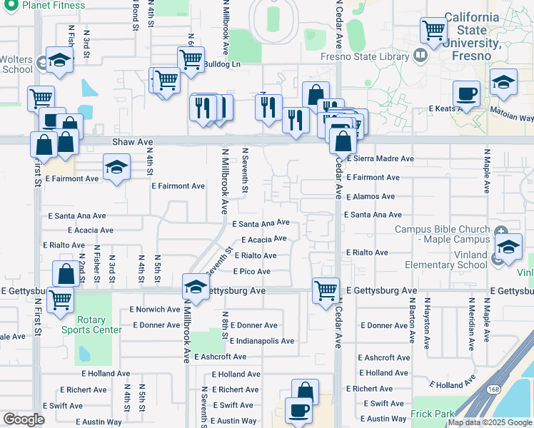 map of restaurants, bars, coffee shops, grocery stores, and more near 4788 North 9th Street in Fresno