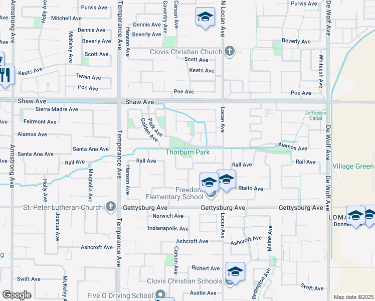 map of restaurants, bars, coffee shops, grocery stores, and more near 33 Alamos Avenue in Clovis