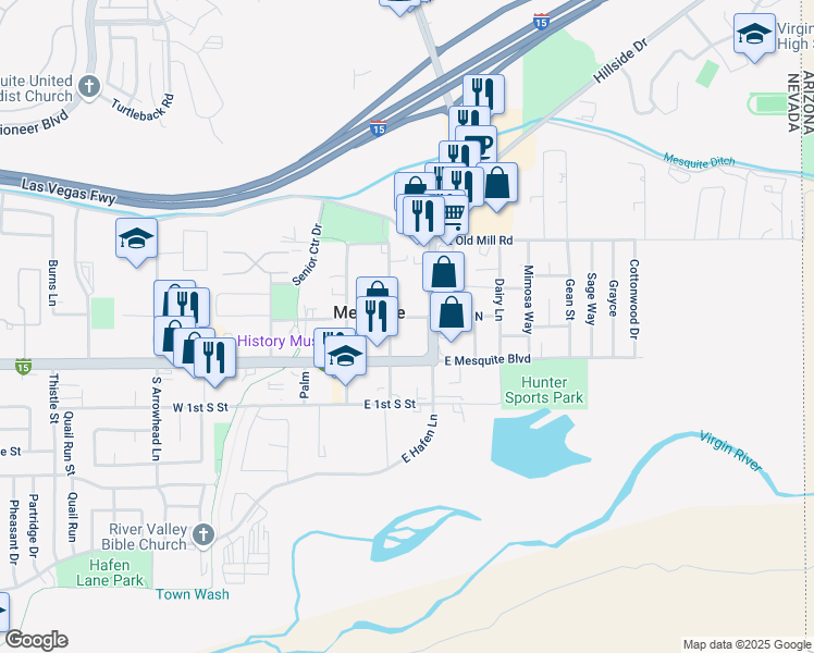map of restaurants, bars, coffee shops, grocery stores, and more near 111 East 1st North in Mesquite