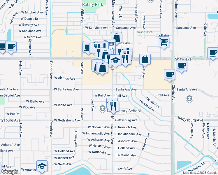 map of restaurants, bars, coffee shops, grocery stores, and more near 2281 Minnewawa Avenue in Clovis