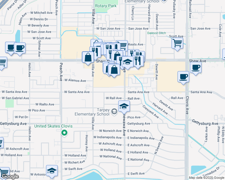 map of restaurants, bars, coffee shops, grocery stores, and more near 61 West Santa Ana Avenue in Clovis