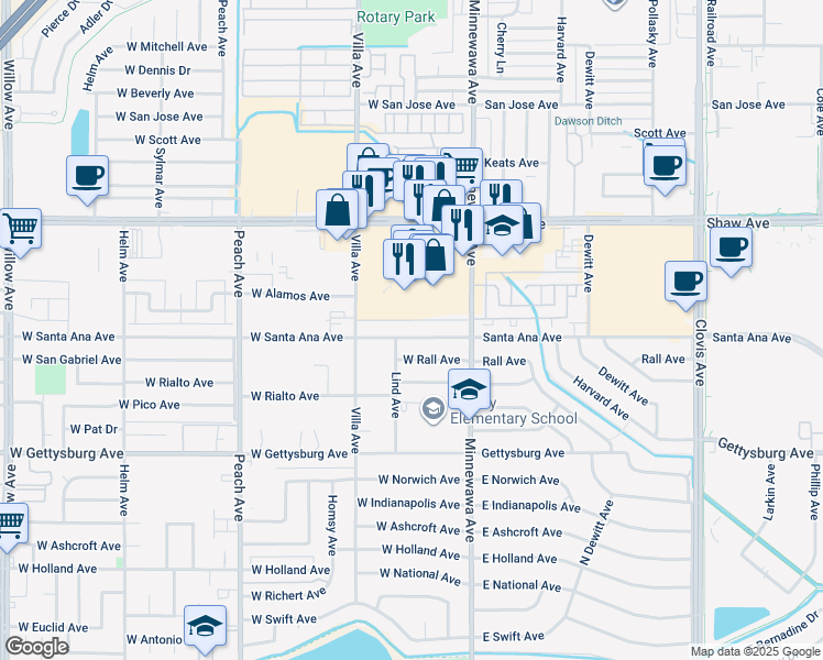 map of restaurants, bars, coffee shops, grocery stores, and more near 135 West Santa Ana Avenue in Clovis