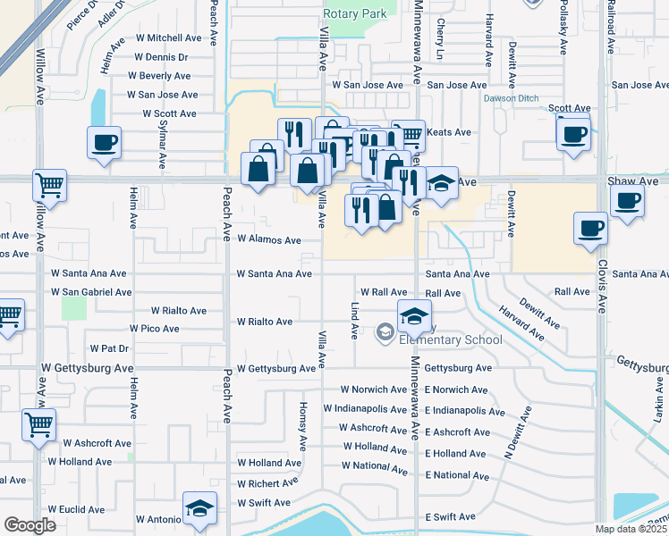 map of restaurants, bars, coffee shops, grocery stores, and more near 2331 Villa Avenue in Clovis