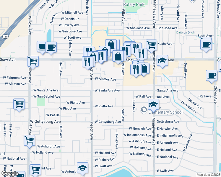 map of restaurants, bars, coffee shops, grocery stores, and more near 280 West Alamos Avenue in Clovis