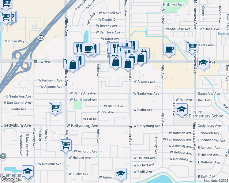 map of restaurants, bars, coffee shops, grocery stores, and more near 520 West Alamos Avenue in Clovis