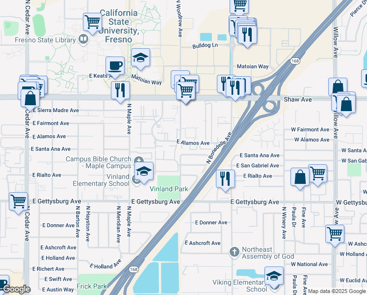 map of restaurants, bars, coffee shops, grocery stores, and more near 4727 East Alamos Avenue in Fresno