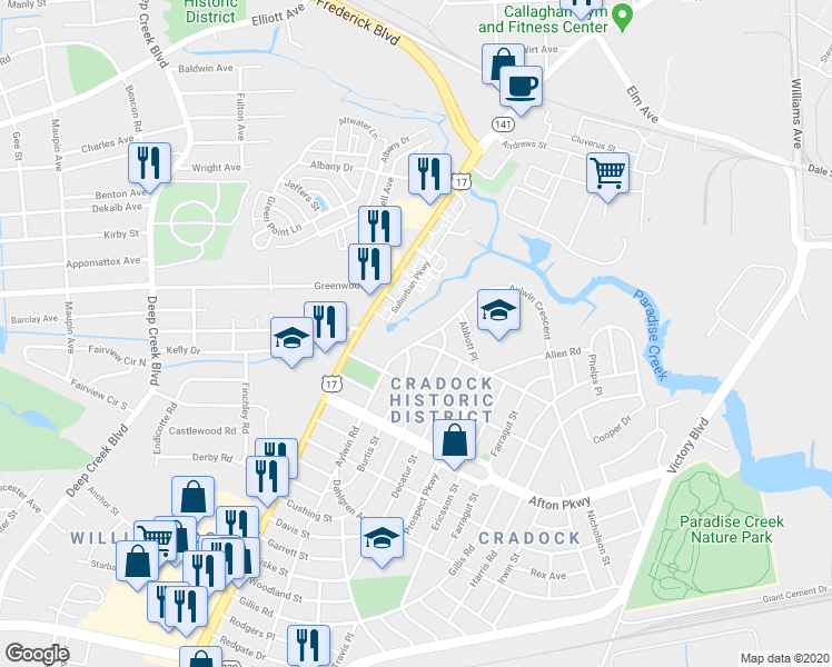 map of restaurants, bars, coffee shops, grocery stores, and more near 13 Aylwin Road in Portsmouth
